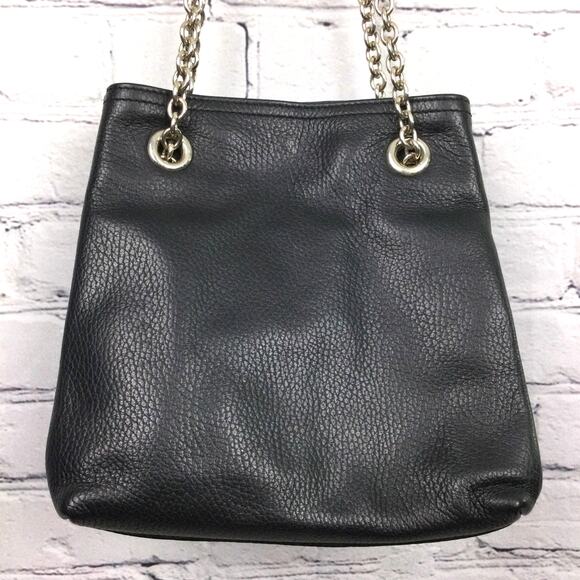 Doncastor Pebbled Leather Chain Link Double Handle Lined Black Bucket Handbag - Picture 2 of 16